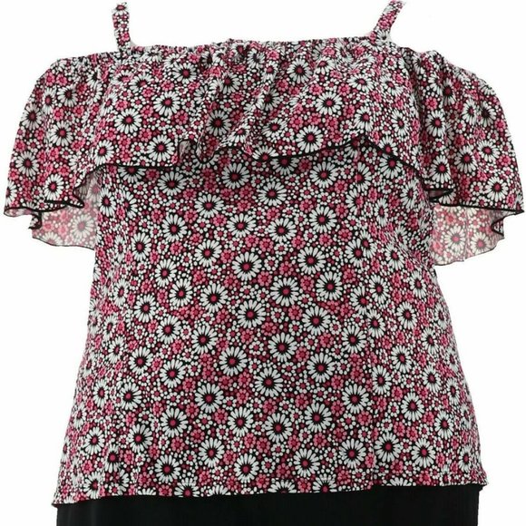 New $87 2 Piece Set  Fit 4 U Off-the- Shoulder Ruffle Tankini Skirt Pink - Picture 4 of 6